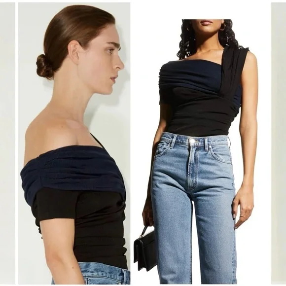 Goldsign Gelsey One-Shoulder Off the Shoulder 2-tone Ribbed Bodysuit Small NEW